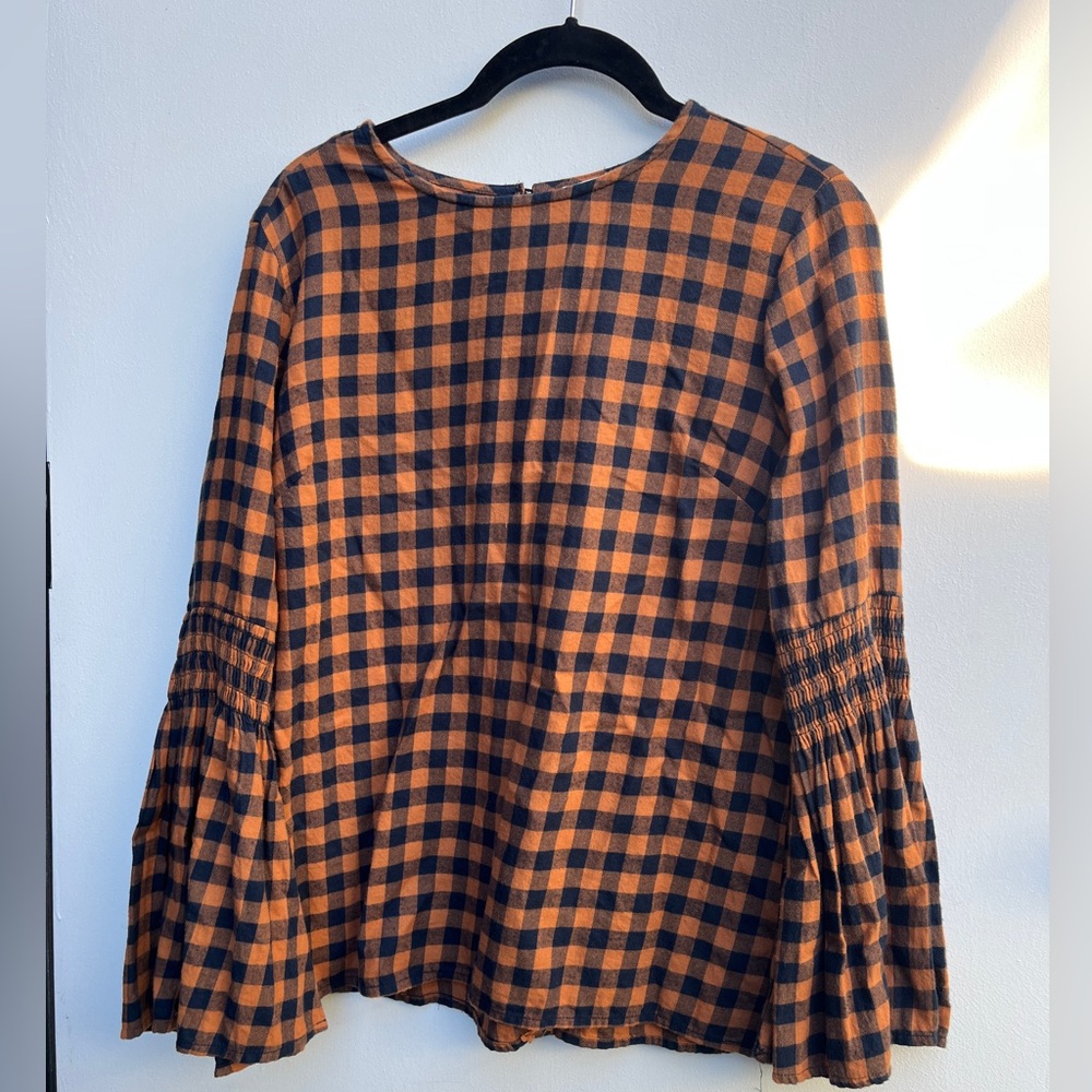 beachlunchlounge Orange and Black Gingham Bell Sleeve Blouse